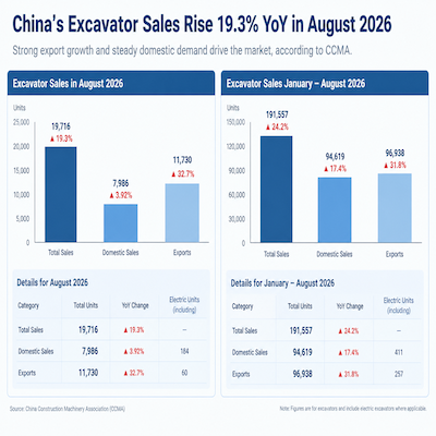 China's Excavator Sales Up 19.3% in August 2026; Exports Surge 32.7%
